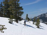 Skiing out from Pear Lake
